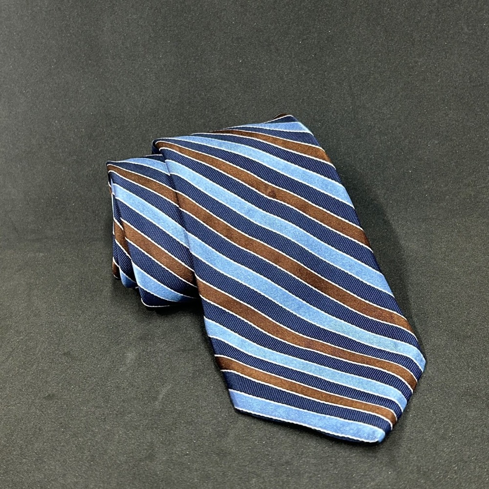 George Mens Silk Necktie Blue Brown Striped Classic  Tie